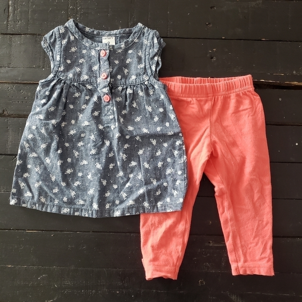 Carter's Baby Girl 9 Months 2 Pieces Outfit Bleu Denim Flower Shirt Coral Leggin